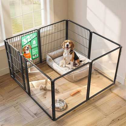 FXW AuraSpace Pro Acrylic & Wire Mesh Indoor Dog Playpen, 32" Height 8 Panels Metal Dog Pen for Small and Medium Dogs, Black│Patented