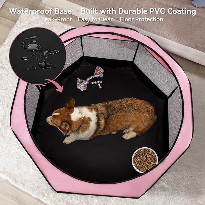Dog Playpen for Small Dogs & Puppies, 50.39" Portable Indoor Outdoor Puppy Playpen with Bowl, Waterproof Floor, Foldable Pop-Up Pet Pen for Home, Travel & Daily Use, Pink+Grey