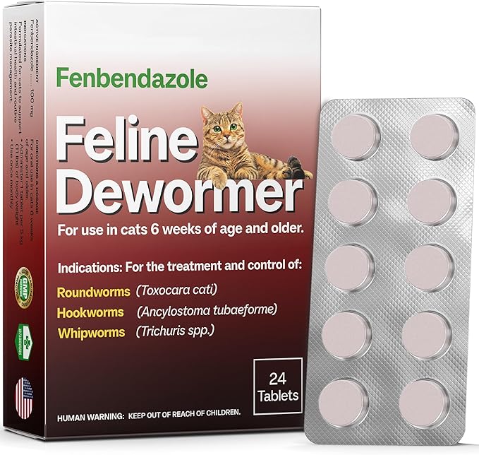 Dewormer for Cats & Kittens, Fenbendazole for All Wormers, Roundworms, Hookworms and Whipworms, 24 Tablets