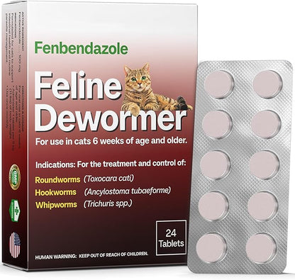 Dewormer for Cats & Kittens, Fenbendazole for All Wormers, Roundworms, Hookworms and Whipworms, 24 Tablets