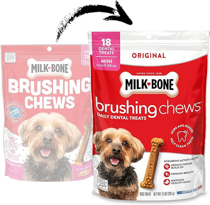 Milk-Bone Brushing Chews Original Chicken Flavor Daily Dental Dog Treats, Mini, 7.1 Oz. Bag (Pack of 5)