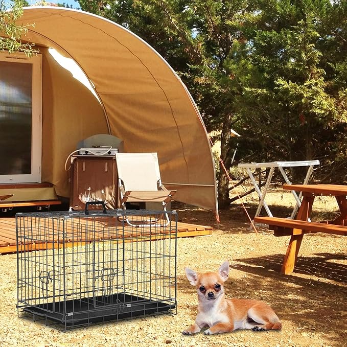 Wire Dog Crate 24 Inch Dog Kennel Cage, Double Door Folding Dog Cage, Wire Dog Kennel with Removable Tray, Indoor&Outdoor,Black