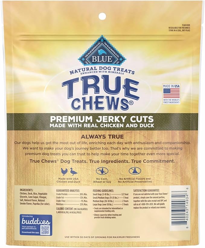 Blue Buffalo True Chews Premium Jerky Cuts Dog Treats, Made in the USA with Natural Ingredients, Duck, 12-oz Bag