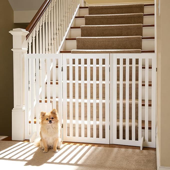 Freestanding Pet Dog Gate 36 Inch Foldable Fence Indoor 3 Panel Extra Wide Wooden Dog Door for Stairs Hallways Doorways