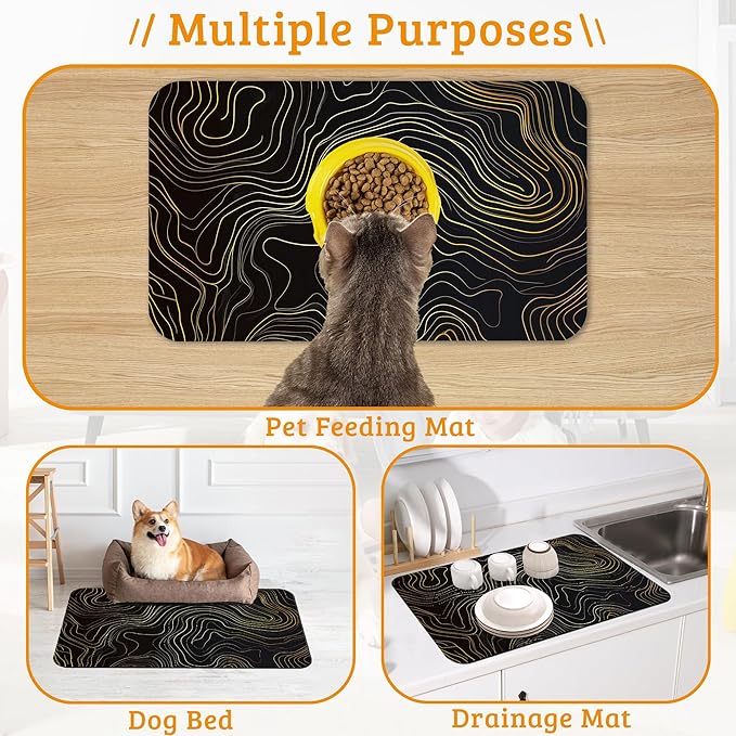 Dog Bowl Mat,Abstract Map Pet Feeding Mat for Floors Waterproof,Golden Lines Texture Absorbent Dogs Placemat for Food and Water Quick Dry Pet Cat Feeding Mats with Non Slip Bottom 16" x 24"