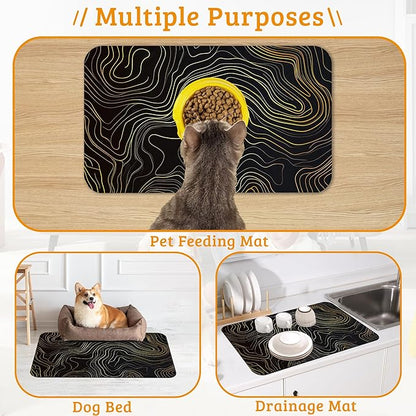 Dog Bowl Mat,Abstract Map Pet Feeding Mat for Floors Waterproof,Golden Lines Texture Absorbent Dogs Placemat for Food and Water Quick Dry Pet Cat Feeding Mats with Non Slip Bottom 12" x 20"