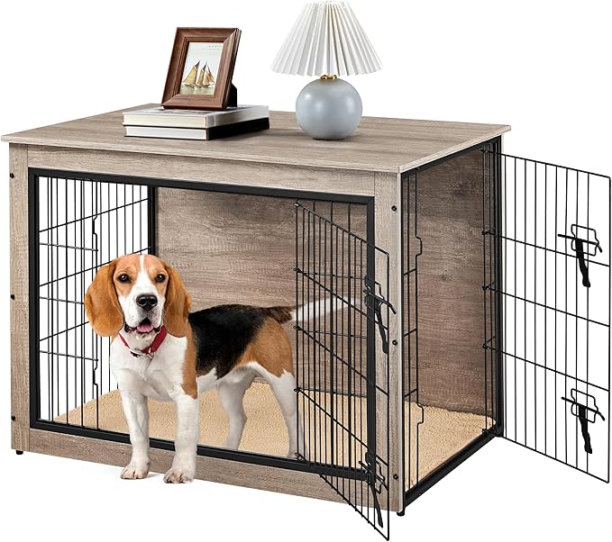Yaheetech 38'' Dog Crate Furniture with Cushion Wooden Dog Crate with Double Doors/Adjustable Feet Side End Table for Medium/Large Dogs, 37.80" L x 25.59" W x 26.57" H