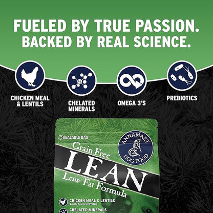Annamaet Grain-Free Lean Reduced Fat Formula Dry Dog Food, (Chicken & Duck), 25-lb Bag