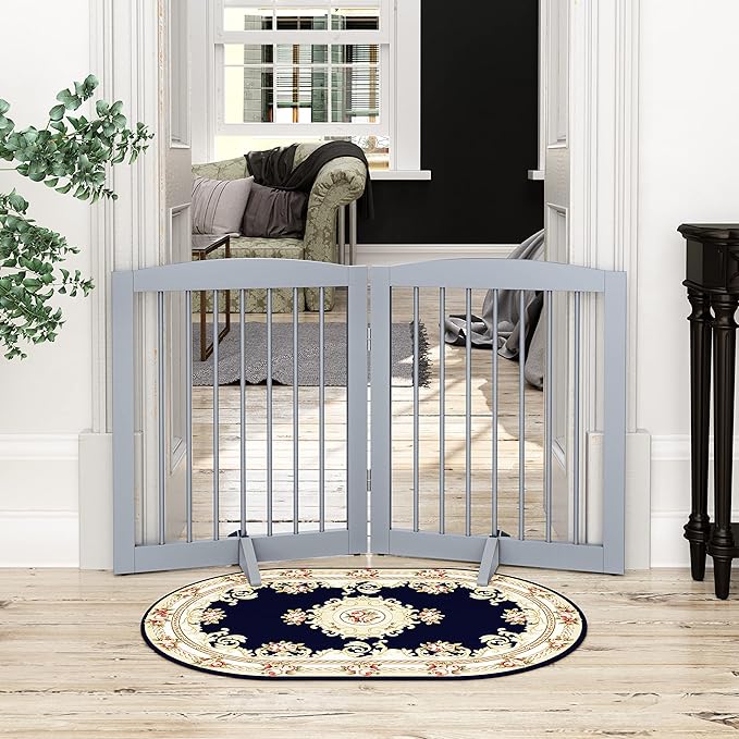 PUPETPO Freestanding Pet Gate for Dogs, Foldable Wooden Dog Gate for House, Indoor Pet Barrier for Stairs, Doorways, Support Feet Included, 24" Height 2 Panels, Grey