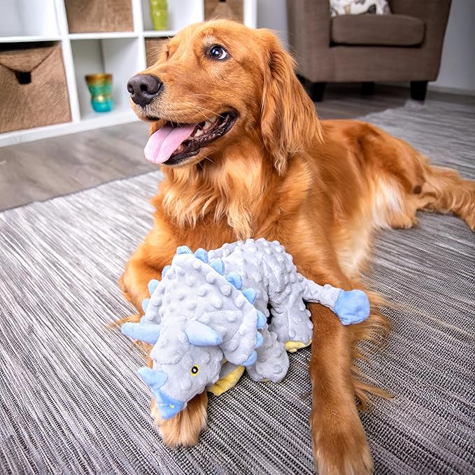 goDog Dinos Frills Squeaky Plush Dog Toy with Chew Guard Technology, Durable Fabric & Squeaker for Active Play, Gray, Large
