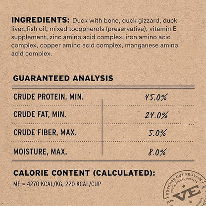 Vital Essentials Freeze Dried Dog Food, Raw Duck Crunchy Mini Nibs | Complete Meal or Topper | 96% Duck, Organs & Bone | Limited Ingredient, High Protein, Grain Free Dry Dog Food | 14 oz Bag