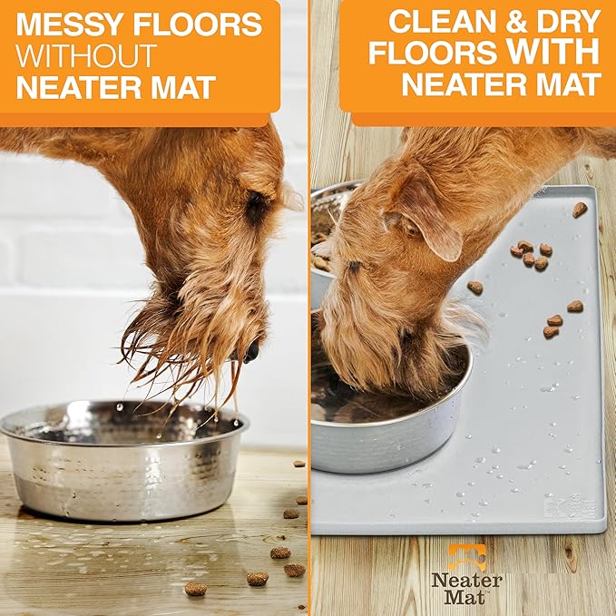 Neater Pet Brands Neater Mat Pet Mats for Food and Water, Cat & Dog Bowl Mat Waterproof Silicone, Feeding Tray, Dog Food Mats for Floors, Placemat w/Raised Edge for Under Bowls, 32" x 24", Light Gray