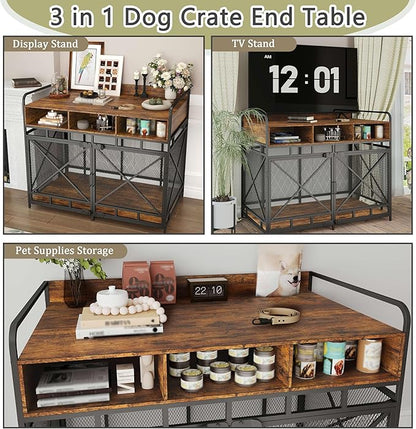 Fulhope Dog Crate Furniture, 48" Heavy Duty Wooden Dog Crate End Table, XL Dog Kennel Furniture Large Breed, Decorative Dog Kennel Indoor with 3 Drawers & Steel Tubes 48" L x28 W x38 H (Rustic Brown)