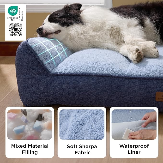 Bedsure SupportMax™ XL Plus Orthopedic Dog Beds Large Sized Dog - As Seen on TV Extra Thick Supportive Dogs Couch with Waterproof Washable Cover, Jumbo Pet Sofa with Soft Sherpa, Navy, 48"