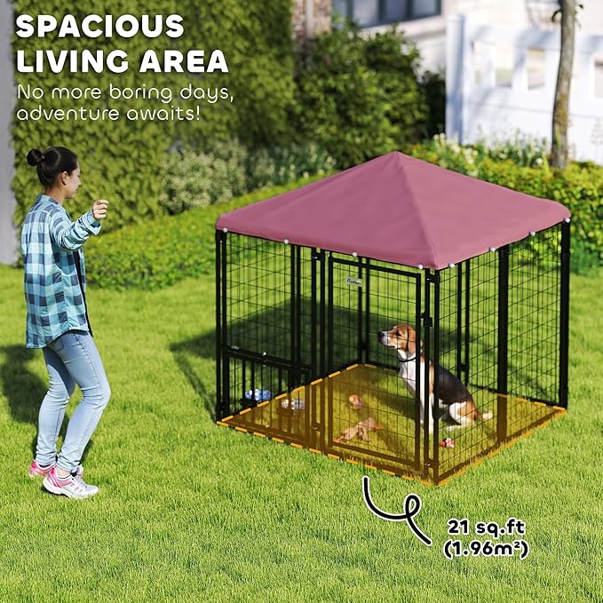 PawHut 4.6' x 4.6' x 5' Outdoor Dog Kennel, Welded Wire Dog Kennel Outside Run with 360° Rotating & 4 Level Adjustable Bowls, Waterproof & UV Resistant Cover, for S&M Breeds, Chickens, Ducks, Red