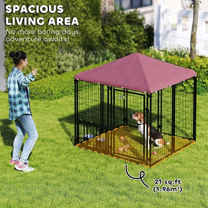 PawHut 4.6' x 4.6' x 5' Outdoor Dog Kennel, Welded Wire Dog Kennel Outside Run with 360° Rotating & 4 Level Adjustable Bowls, Waterproof & UV Resistant Cover, for S&M Breeds, Chickens, Ducks, Red