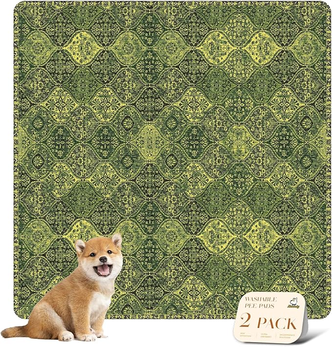 nunubaby Washable Pee Pads for Dogs, Stylish, Non-Slip and Leak-Proof Pee Pads. Reusable Potty Pads for Dogs for Crates and Floors.(Green/Multi, 36" x36" )