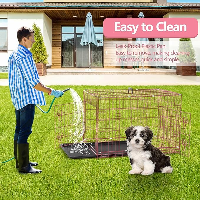 Dog Crate, 24/30/36/42/48 Inch Dog Crates for Small Medium Large Dogs Indoor, Folding Metal Dog Kennel Dog Cage with Double-Door, Divider Panel, Removable Tray, Locks and Handle, (24 Inch, Pink)