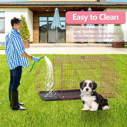 Dog Crate, 24/30/36/42/48 Inch Dog Crates for Small Medium Large Dogs Indoor, Folding Metal Dog Kennel Dog Cage with Double-Door, Divider Panel, Removable Tray, Locks and Handle, (24 Inch, Pink)