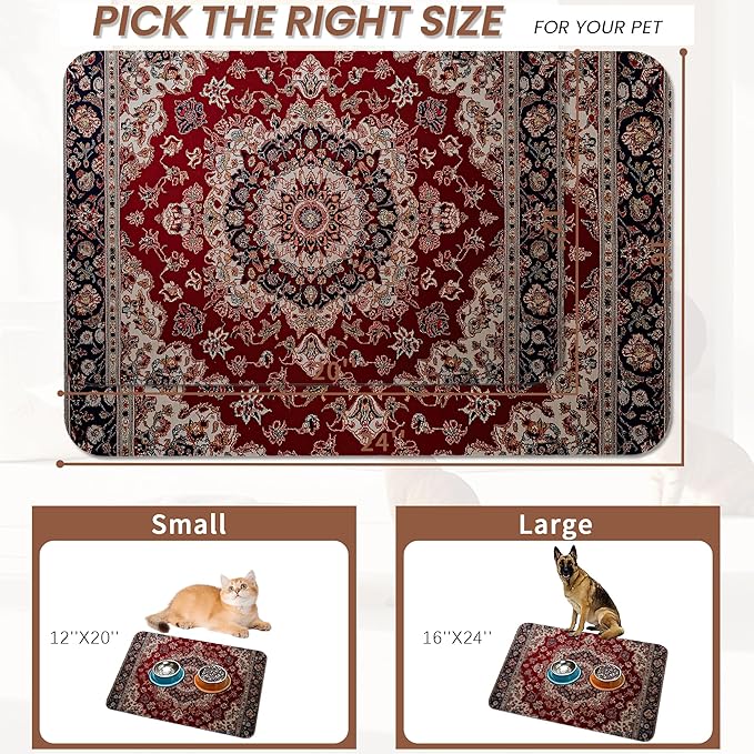 Vintage Carpet Boho Pet Feeding Mat,Absorbent Quick-Dry Cat Dog Food and Water Bowl Mats,Non-Slip Rubber Backing Mat,Cat Dog Accessories Supplies 12"x20"