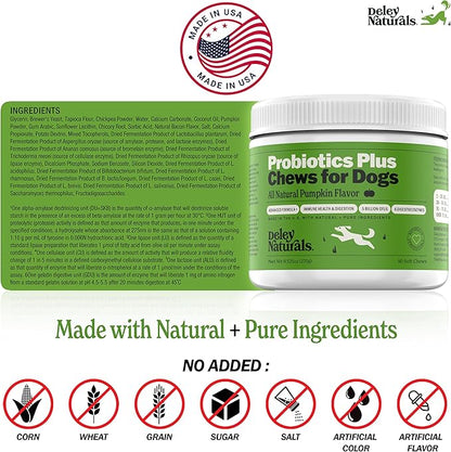 Deley Naturals Probiotics Plus Chews for Dogs - Gut Health Supplement with 5 Billion CFU's & Digestive Enzymes - Prebiotics for Dog Allergies, Diarrhea & Yeast - 90 Count Pumpkin Flavor Made in USA