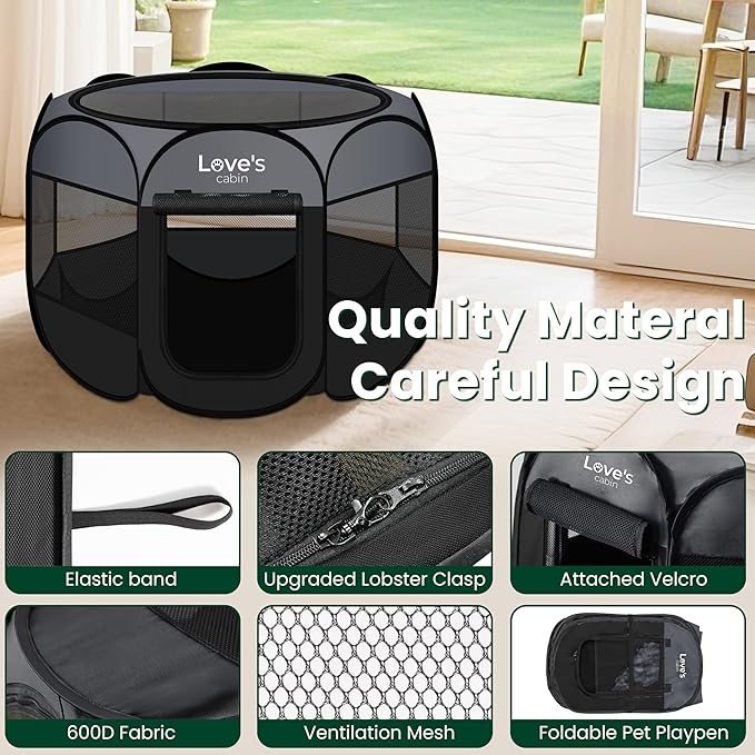 Love's cabin Pet Puppy Dog Playpen, Large Dog Tent Crates Cage Indoor/Outdoor, Portable Playpen for Cat, Foldable Pop Up Dog Kennel Playpen with Carring Case, Removable Zipper Top, Dark Grey