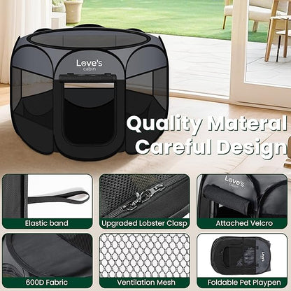 Love's cabin Pet Puppy Dog Playpen, Large Dog Tent Crates Cage Indoor/Outdoor, Portable Playpen for Cat, Foldable Pop Up Dog Kennel Playpen with Carring Case, Removable Zipper Top, Dark Grey