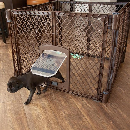 MyPet North States Petyard Passage: 4-Panel Folding Dog Playpen Indoor or Outdoor. 7 sq. ft. Puppy Playpen, Lockable Pet Door. Freestanding Play Pen Dog Gate. Made in USA. 26" Tall, Brown