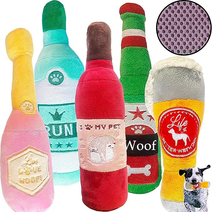 Jalousie Ultra Tough Funny Squeaky Toys - Fun to Play & Watch - Parody Dog Chew Toys (Wine & Beer, 5 Pack)