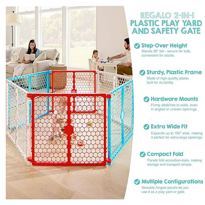 Regalo Safety 192-Inch Super Wide Baby Gate and Play Yard, 2-in-1 Convertible Plastic Baby Gate, Extra Wide Safety Barrier, Hardware Mounted, Adjustable Panels for Openings, Ages 6–24 Months