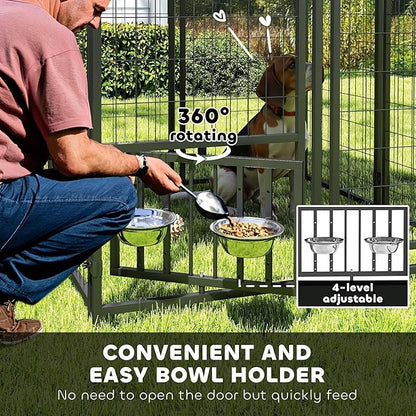 PawHut 4' x 4' x 4.5' Outdoor Dog Kennel, Welded Wire Dog Kennel Outside Run with 360° Rotating & 4 Level Adjustable Bowls, Waterproof & UV Resistant Cover, for S&M Breeds, Chickens, Ducks, Silver