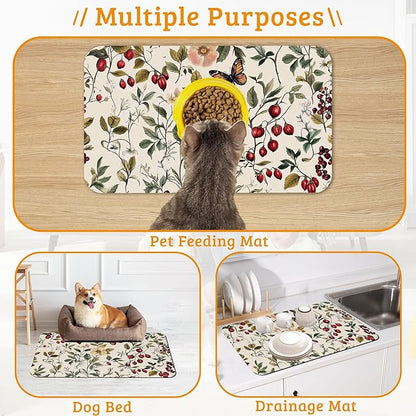 Butterfly Flower Dog Food Mat,Vintage Berry Absorbent Pet Feeding Mat for Food and Water Bowl,Quick Dry Dog Placemat Non Slip Rubber Backing Waterproof Pet Supplies 16" x 24"