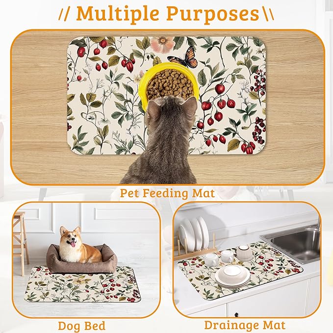 Butterfly Flower Dog Food Mat,Vintage Berry Absorbent Pet Feeding Mat for Food and Water Bowl,Quick Dry Dog Placemat Non Slip Rubber Backing Waterproof Pet Supplies 12" x 20"