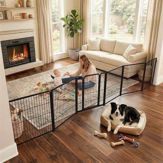 FXW Dog Gate Extra Wide Designed for Indoor Use, Adjustable Width Up to 165-inch Wide (32" H 6 Wire Panels for Small and Medium Dogs), Black