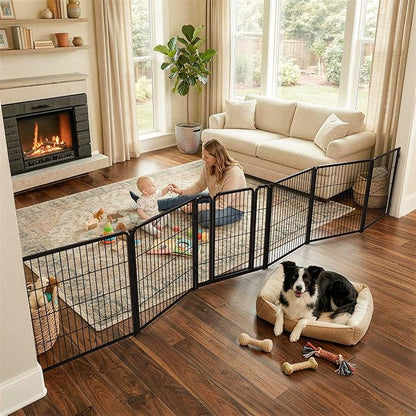 FXW Dog Gate Extra Wide Designed for Indoor Use, Adjustable Width Up to 165-inch Wide (32" H 6 Wire Panels for Small and Medium Dogs), Black