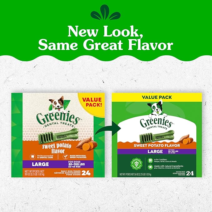 Greenies Dog Treats, Veterinarian-Recommended Natural Dental Dog Treats, Large Size, Sweet Potato Flavor, 36 oz. Pack, 24 Count