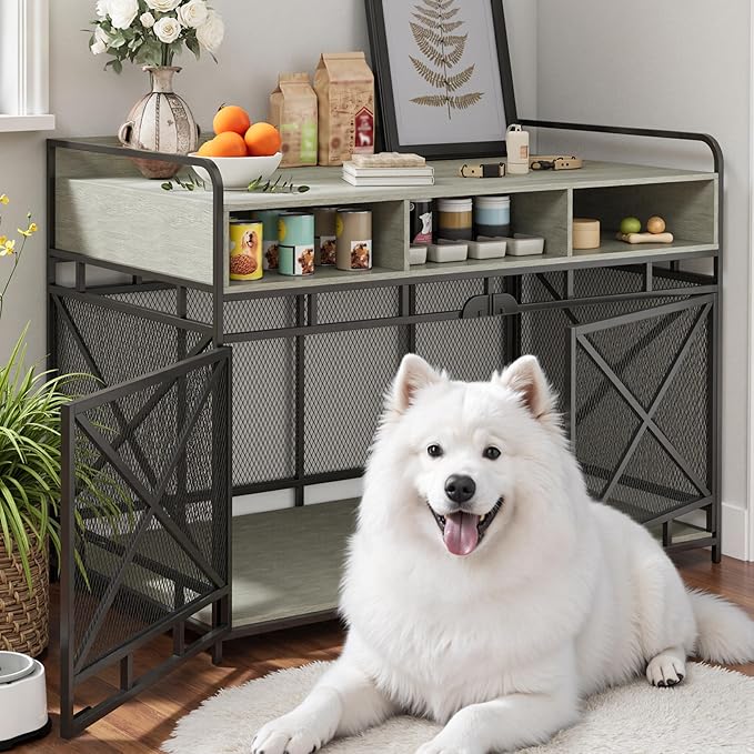 Fulhope Dog Crate Furniture, 48" Heavy Duty Wooden Dog Crate End Table, XL Dog Kennel Furniture Large Breed, Decorative Dog Kennel Indoor with 3 Drawers & Steel Tubes 48" L x28 W x36 H (Grey)