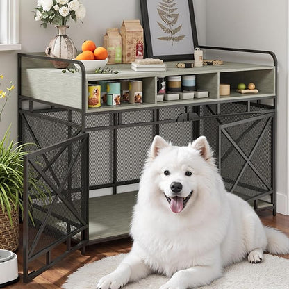 Fulhope Dog Crate Furniture, 48" Heavy Duty Wooden Dog Crate End Table, XL Dog Kennel Furniture Large Breed, Decorative Dog Kennel Indoor with 3 Drawers & Steel Tubes 48" L x28 W x36 H (Grey)