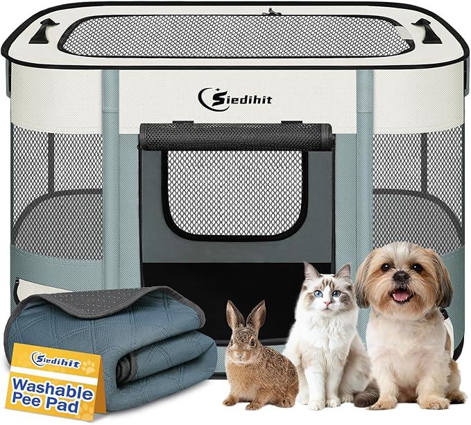 Dog Playpen,Cat Pet Puppy Pen,Portable Playpens for Dogs Indoor Outdoor Travel Camping Use,Foldable Dog Kennel Tent Crate for Rabbit Small Animals with Carrying Case (Grey with Pad, Small)