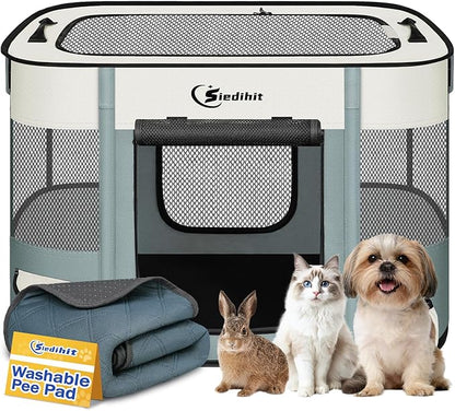 Dog Playpen,Cat Pet Puppy Pen,Portable Playpens for Dogs Indoor Outdoor Travel Camping Use,Foldable Dog Kennel Tent Crate for Rabbit Small Animals with Carrying Case (Grey with Pad, Small)