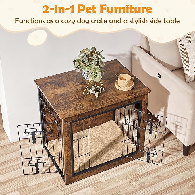 Yaheetech 27.5 Inch Dog Crate Furniture with Cushion, Wooden Dog Kennel with Double Door Side End Table with Adjustable Feet for Small Medium Dogs