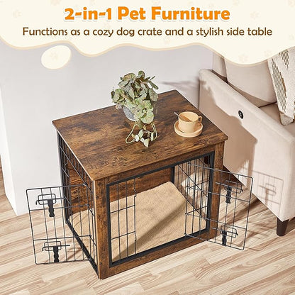 Yaheetech 27.5 Inch Dog Crate Furniture with Cushion, Wooden Dog Kennel with Double Door Side End Table with Adjustable Feet for Small Medium Dogs