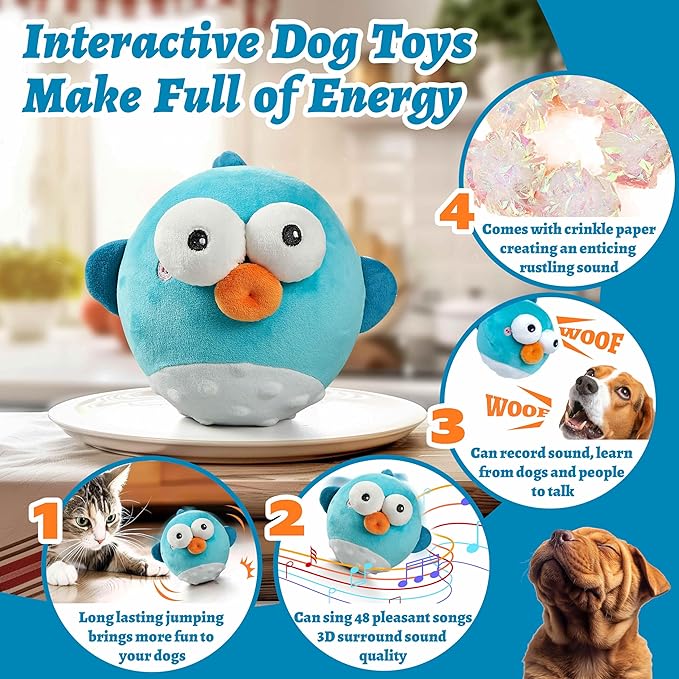 GUKCO Dog Toys,Rechargeable Crinkle Chew Interactive Squeaky Toy with Jumping Music Moving Ball for Small Medium Large Breed Puppy Toys to Keep Pets Busy (Puffer)