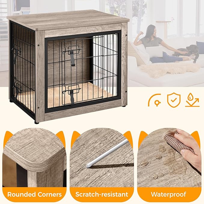 Yaheetech 27.5'' Dog Crate Furniture with Cushion Wooden Dog Crate with Double Doors/Adjustable Feet Side End Table for Small/Medium Dogs, Greige