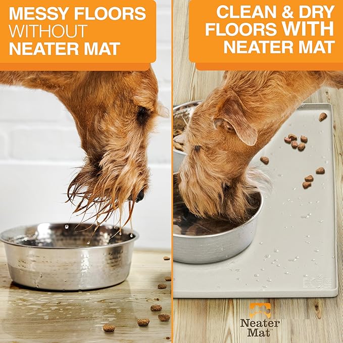 Neater Pet Brands Neater Mat Pet Mats for Food and Water, Cat & Dog Bowl Mat Waterproof Silicone, Feeding Tray, Dog Food Mats for Floors, Placemat w/Raised Edge for Under Bowls, 16” x 10”, Cream