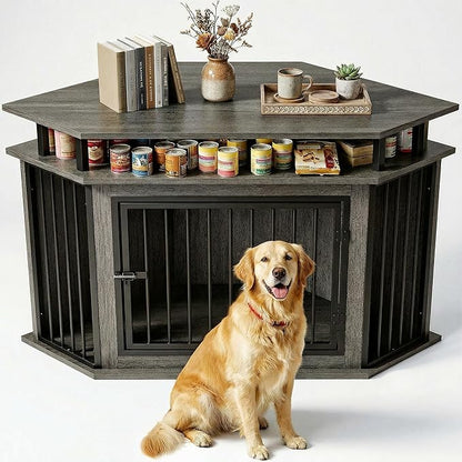 IRONCK Corner Wooden Dog Crate Furniture with 2-Tier Shelves, Pet Kennel for Large Dogs, Space-Saving Dog Cage Indoor, Rustic Brown (26.7" L x 51.2" W x 33.5" H)