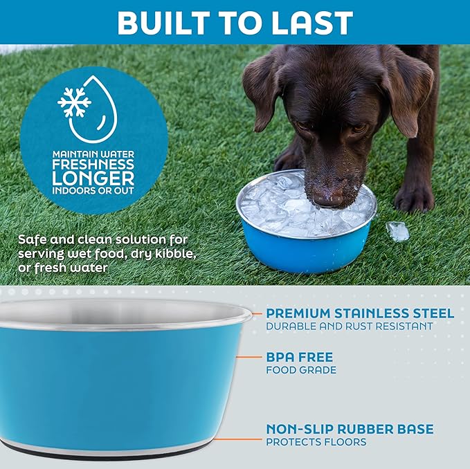 Master Pet Supply Stainless Steel Dog Bowls Set of 2 (64 Oz Each) with Non-Slip Rubber Base - Hyper Pink - Basic Dog Food Bowl Water & Food Bowls for Small Medium Large Dogs & Cats, Metal Dish