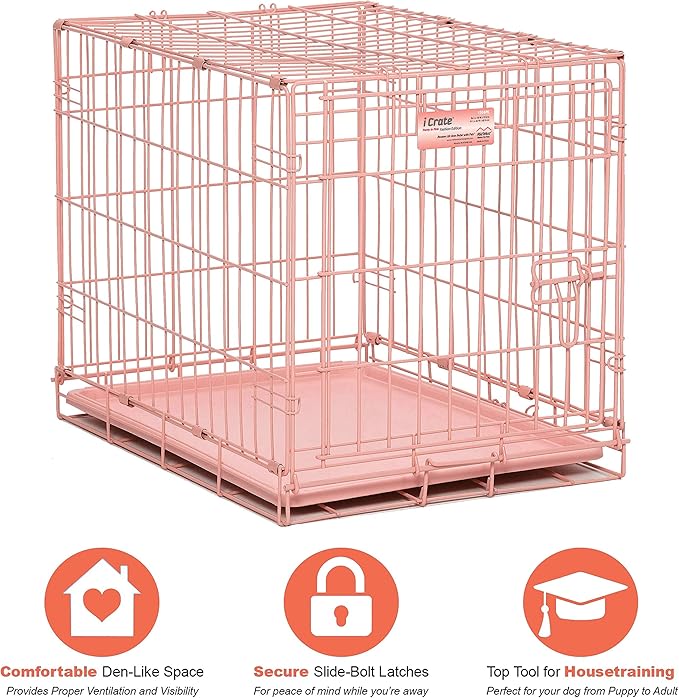 MidWest Homes for Pets 24-Inch Pink Fashion iCrate for Small Breeds, 12-20 lbs, Single Door Folding Dog Crate with Divider Panel, Leak-Proof Tray & Secure Latch, Portable, Durable & Easy to Assemble