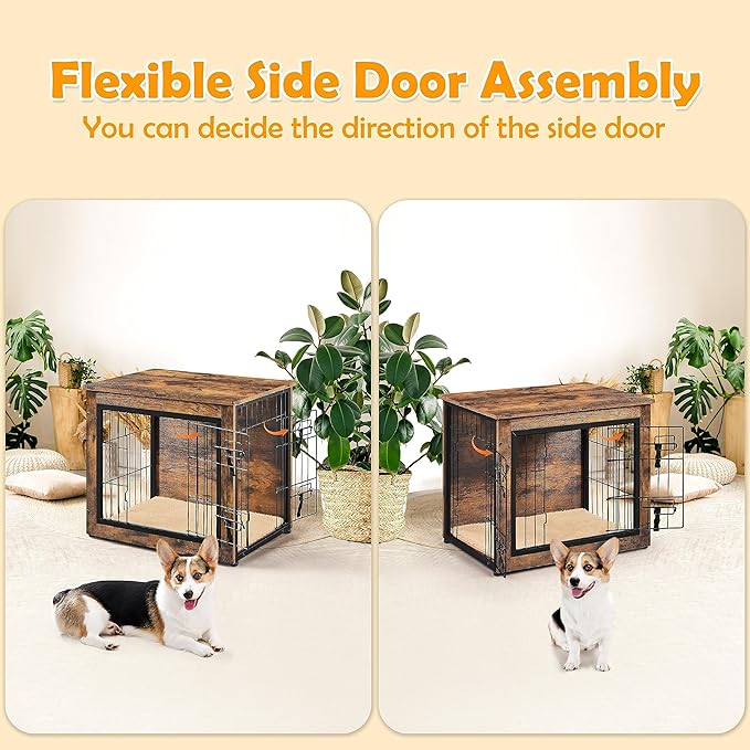 Yaheetech 27.5 Inch Dog Crate Furniture with Cushion, Wooden Dog Kennel with Double Door Side End Table with Adjustable Feet for Small Medium Dogs