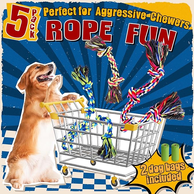 Forfon Tough & Strong Dog Toy for Aggressive Chewers – Tough Chew Toys for Large Dogs, Ideal for Tug-of-War & Teeth Cleaning, with 3 Rope Toys & 2 Dog Bags
